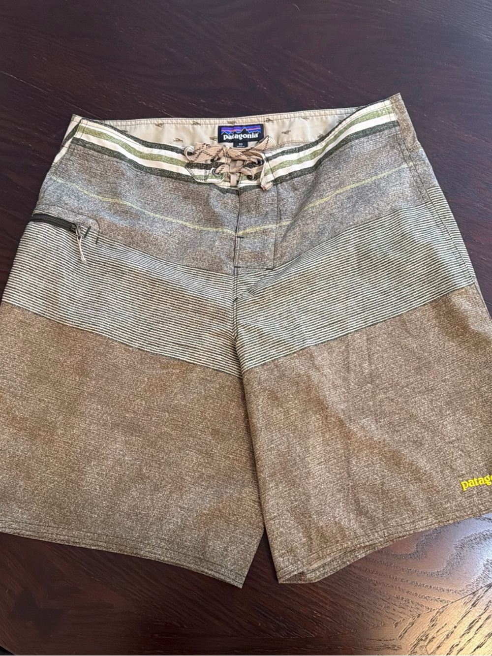 Patagonia Men's Brown and Green Striped Hybrid Shorts